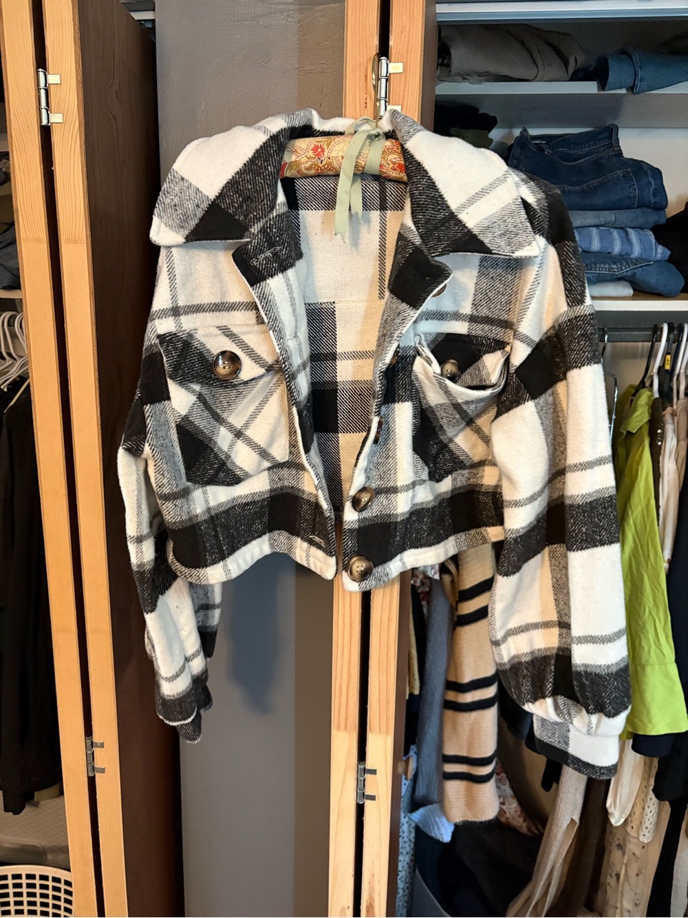 SHEIN Black & White Plaid Cropped Pea Coat
